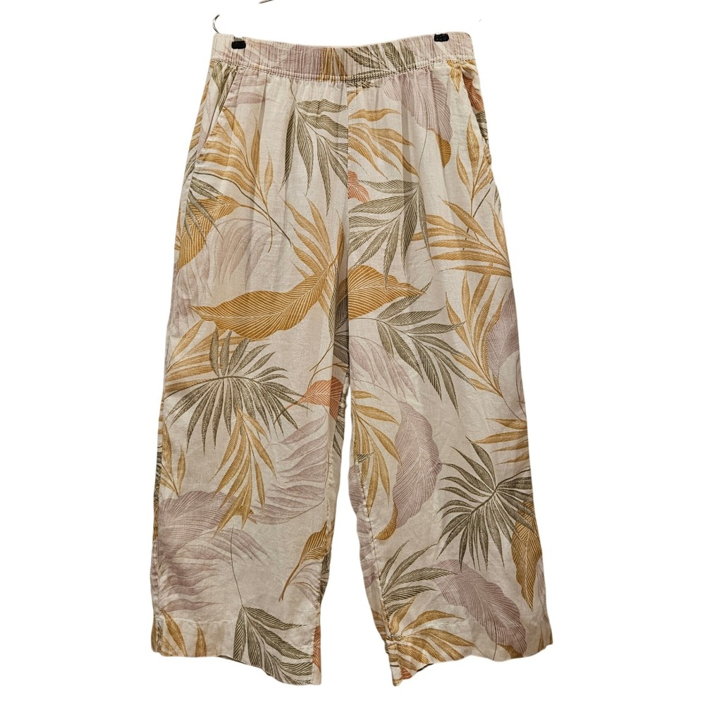 Tahari Linen Pants Womens L Large Palm Leaf Print Wide Leg Crop Elastic Waist